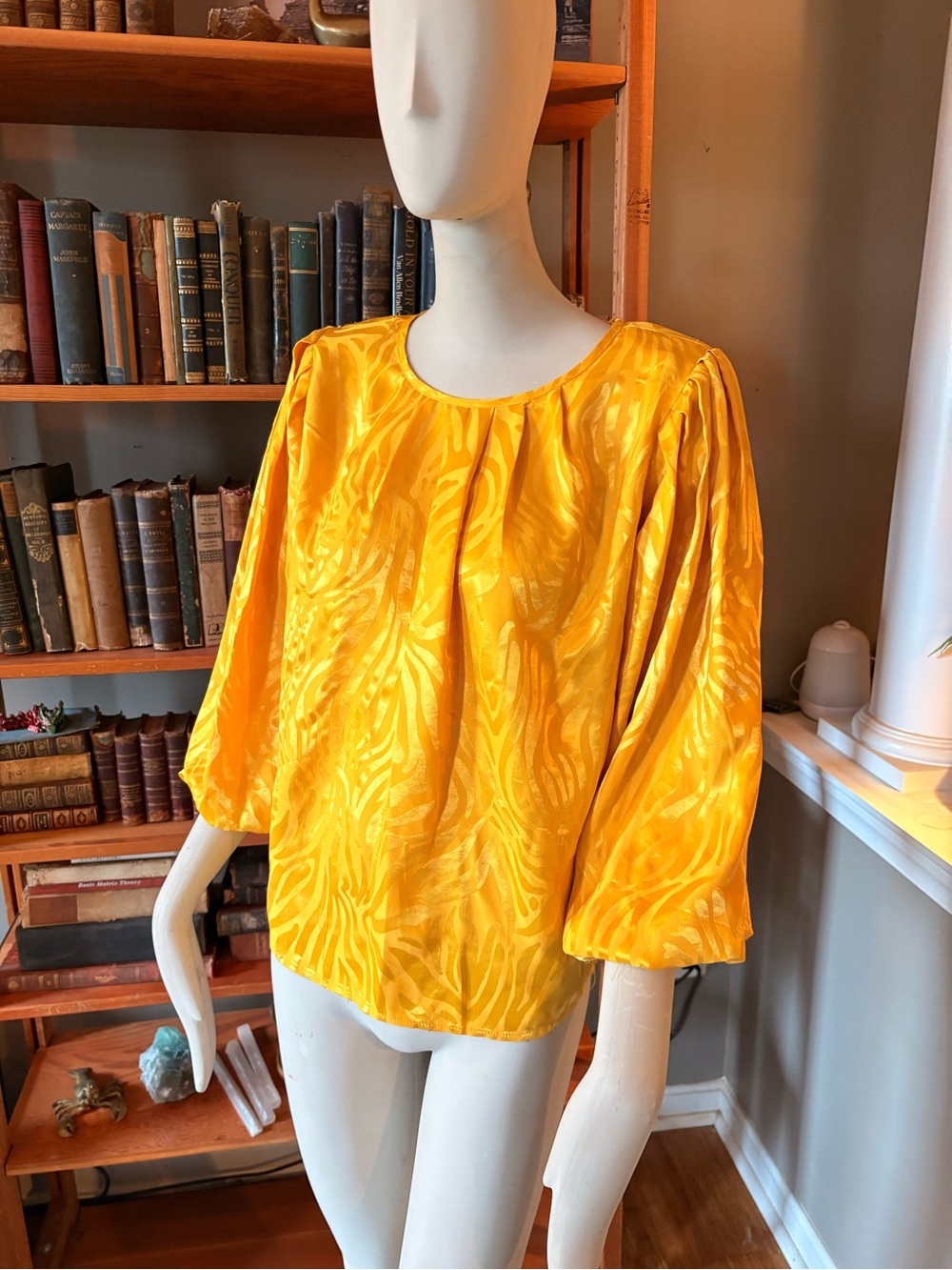 Calligraphie Bright Yellow Satin Balloon-Sleeve Blouse